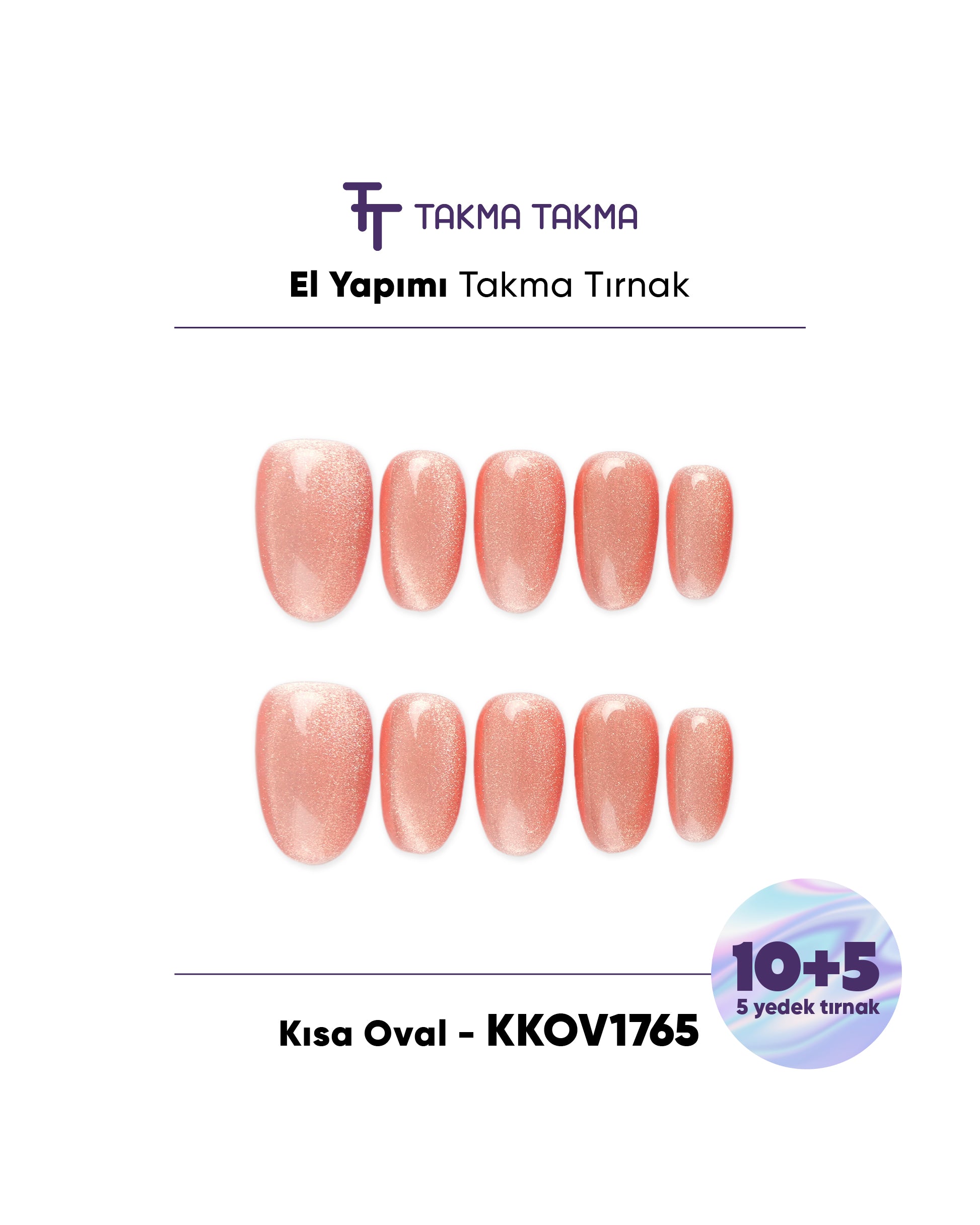 KKOV1765 Kısa Oval 15'li Tekrar Kullanılabilir El Yapımı Protez Takma Tırnak Takma Takma