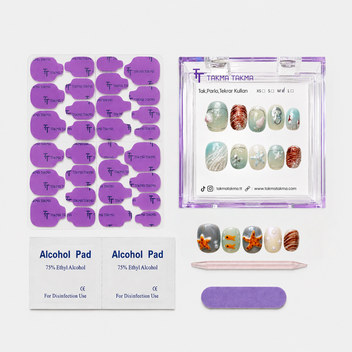 Mavi Nail Art Kısa Yuvarlak El Yapımı Jel Takma Tırnak KKYL-3502