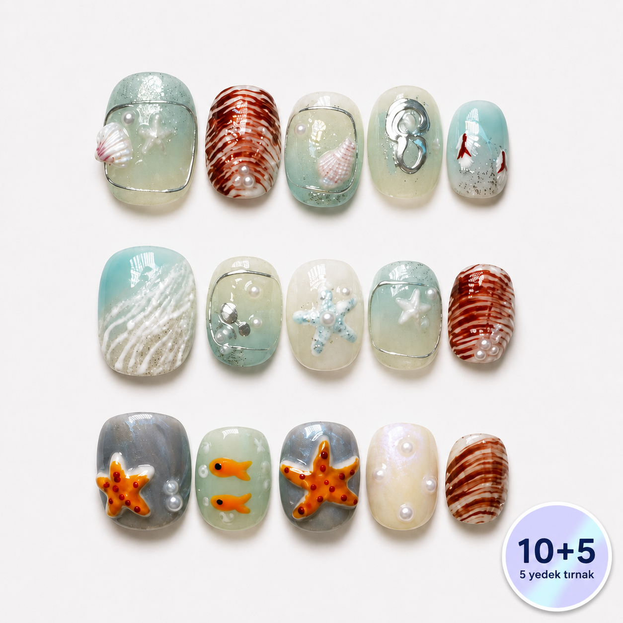Mavi Nail Art Kısa Yuvarlak El Yapımı Jel Takma Tırnak KKYL-3502