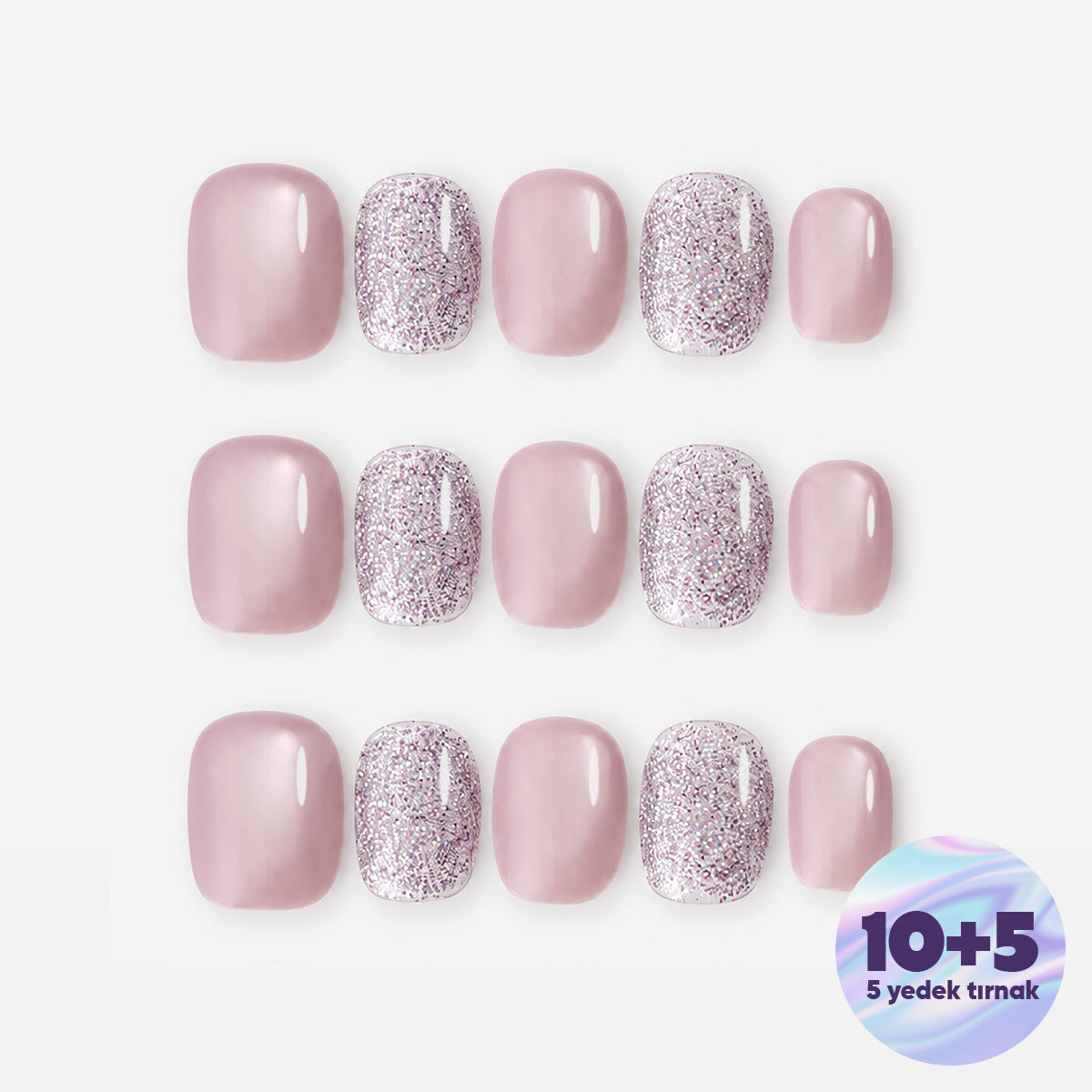 Pembe Nail Art Kısa Yuvarlak 15'li Tekrar Kullanılabilir El Yapımı Protez Tırnak KKYL3576 – görsel 10