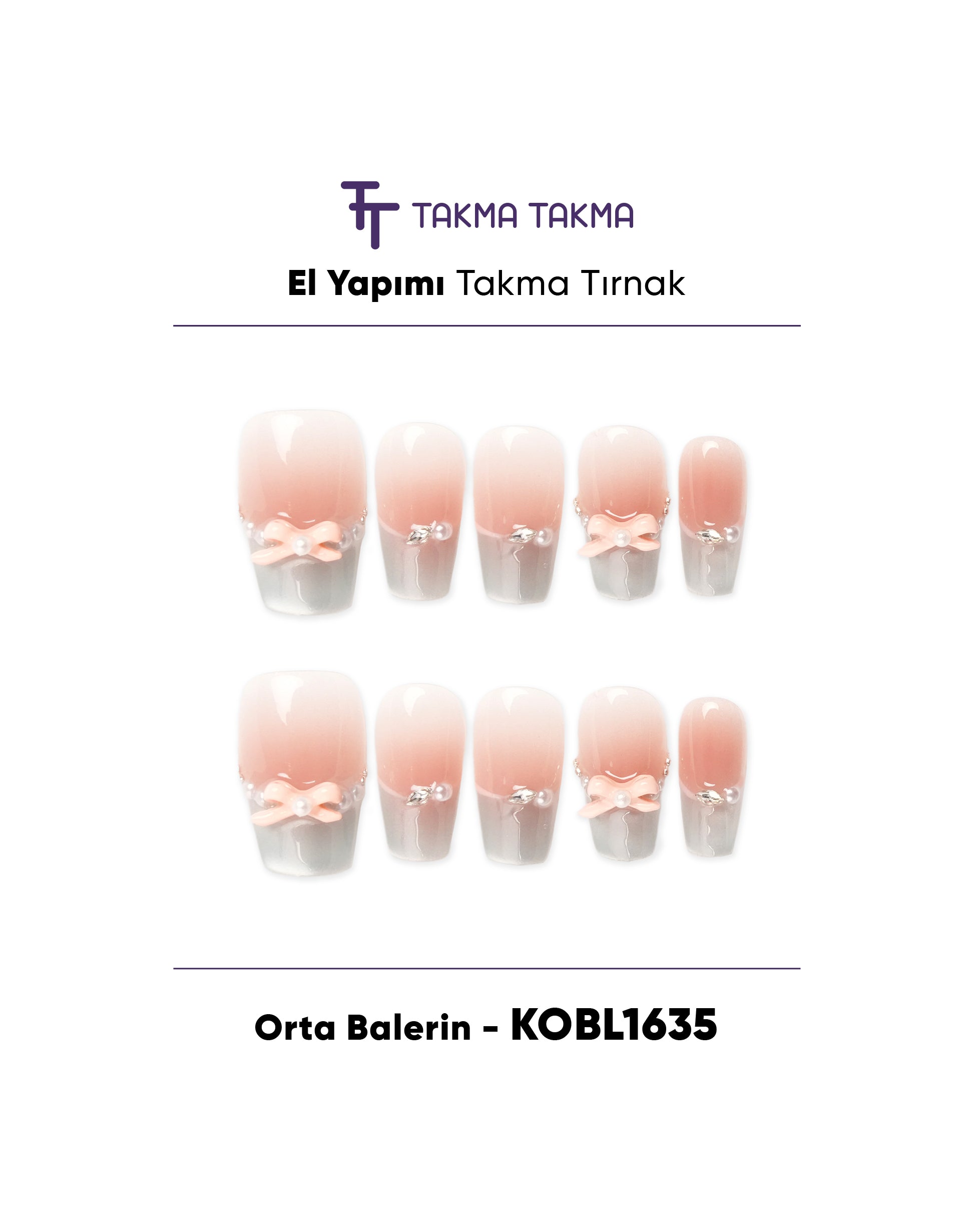 KOBL1635 Orta Balerin Pembe 10'lu Tekrar Kullanılabilir El Yapımı Protez Takma Tırnak Takma Takma