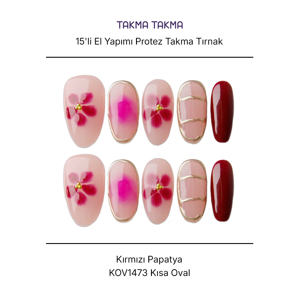 15'li Renkli Kısa Oval KOV1473 Tekrar Kullanılabilir El Yapımı Protez Takma Tırnak
