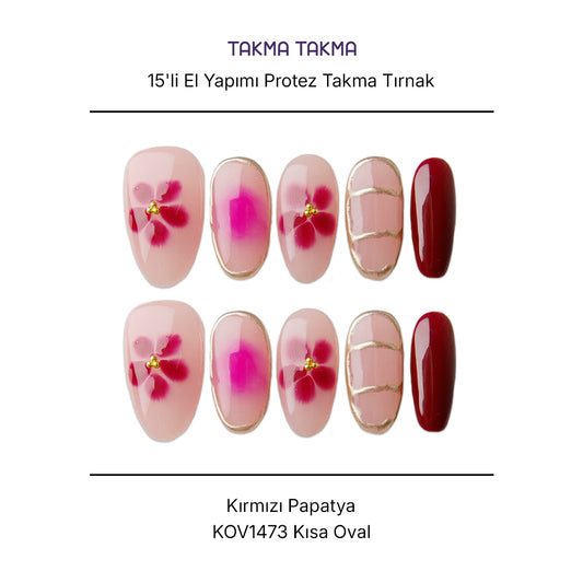 15'li Renkli Kısa Oval KOV1473 Tekrar Kullanılabilir El Yapımı Protez Takma Tırnak