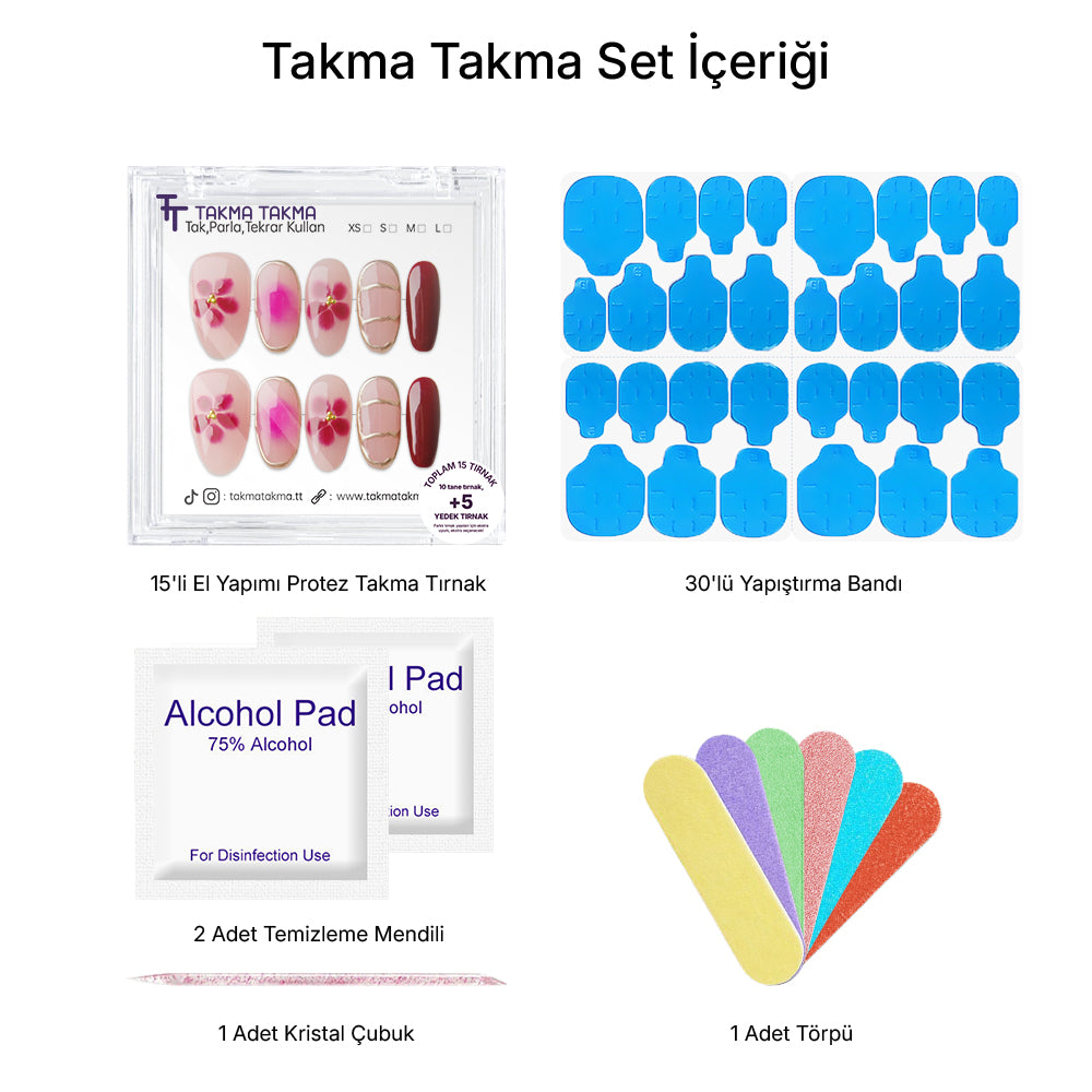 15'li Renkli Kısa Oval KOV1473 Tekrar Kullanılabilir El Yapımı Protez Takma Tırnak