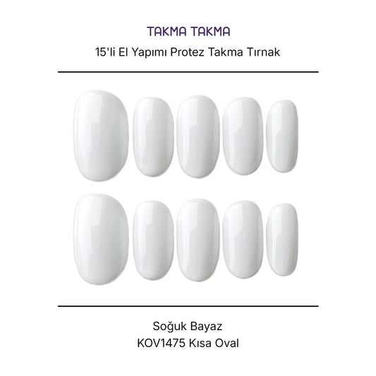 15'li Beyaz Kısa Oval KOV1475 Tekrar Kullanılabilir El Yapımı Protez Takma Tırnak