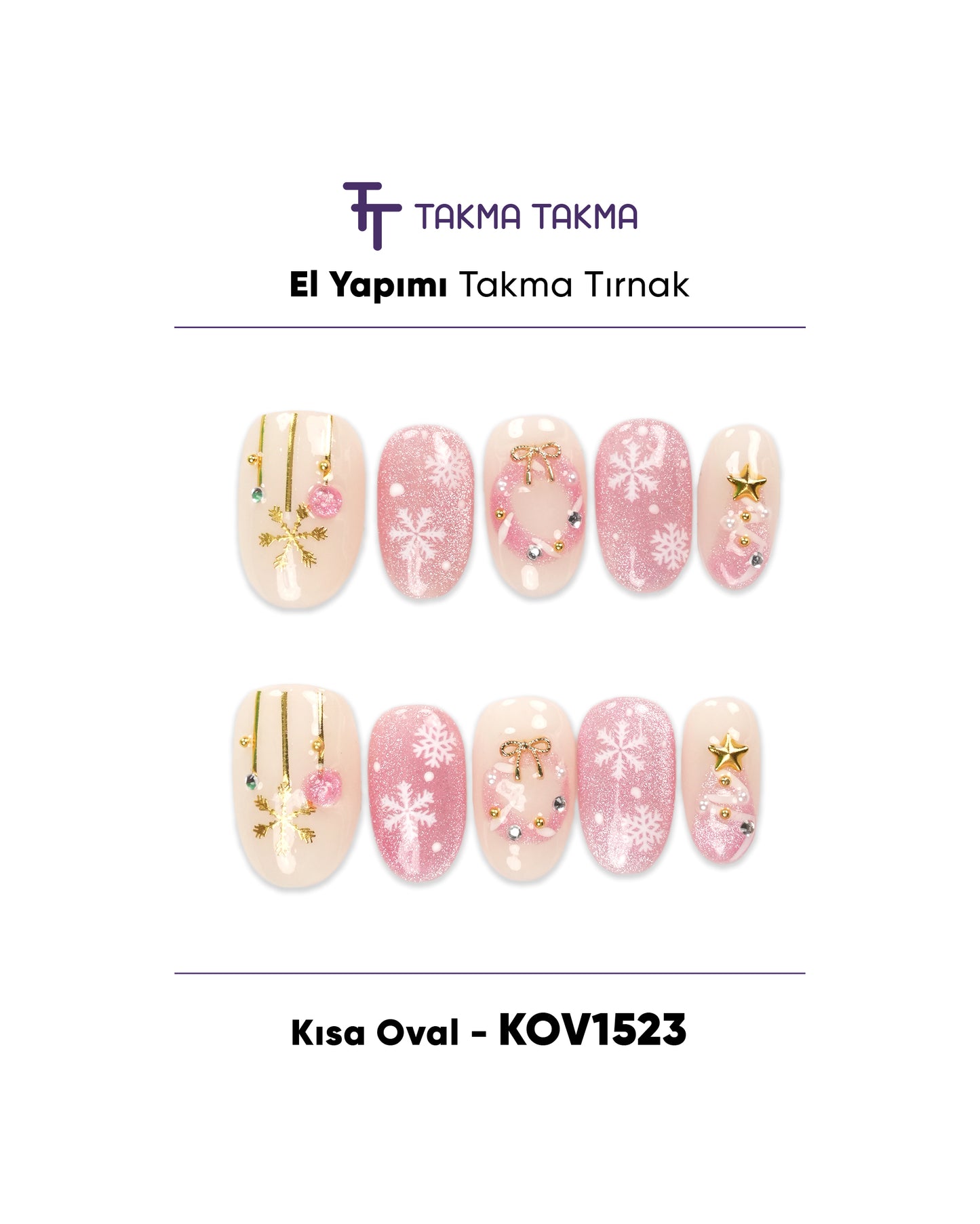 10'lu Pembe Kısa Oval KOV1523 Tekrar Kullanılabilir El Yapımı Protez Takma Tırnak