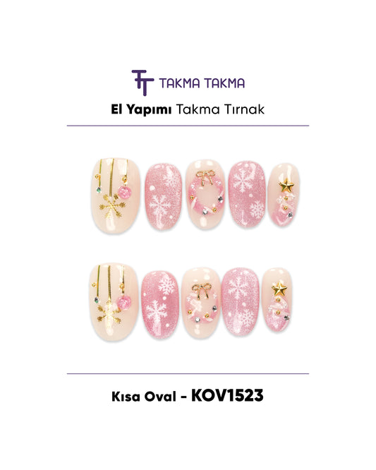 10'lu Pembe Kısa Oval KOV1523 Tekrar Kullanılabilir El Yapımı Protez Takma Tırnak