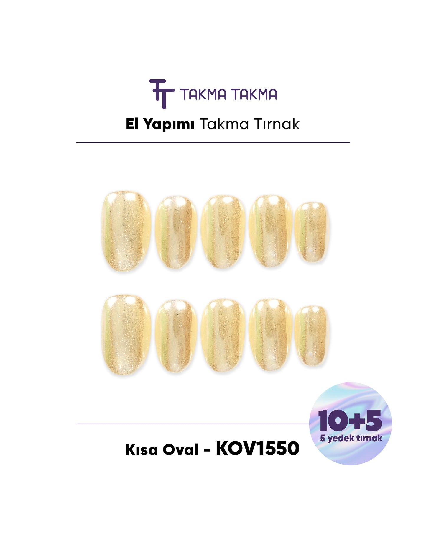 15'li Sarı Kısa Oval KOV1550 Tekrar Kullanılabilir El Yapımı Protez Takma Tırnak