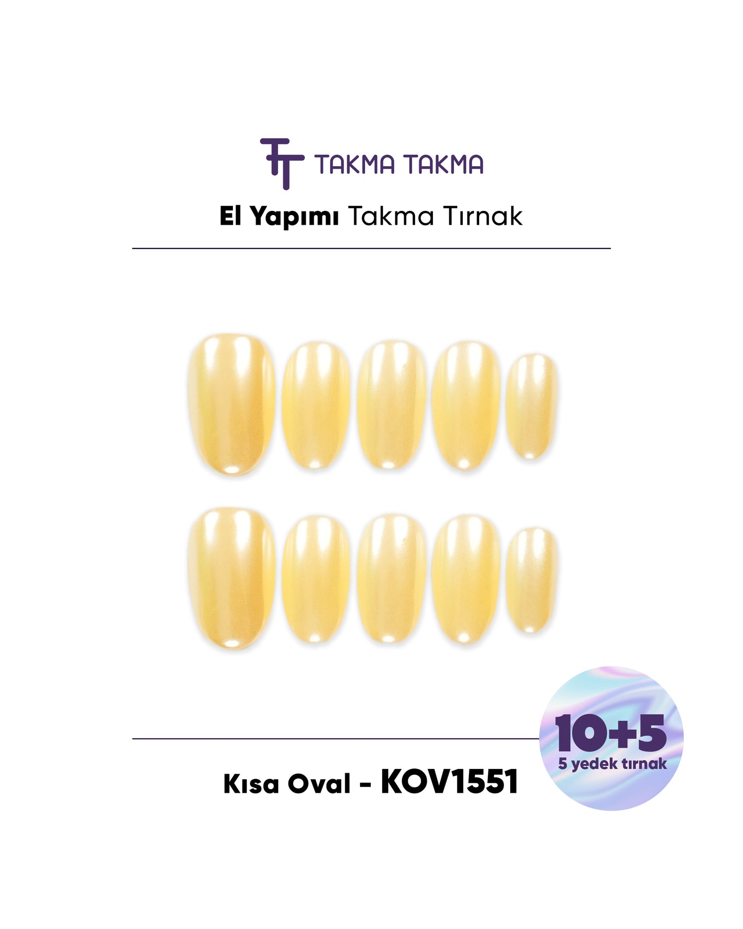 15'li Sarı Kısa Oval KOV1551 Tekrar Kullanılabilir El Yapımı Protez Takma Tırnak