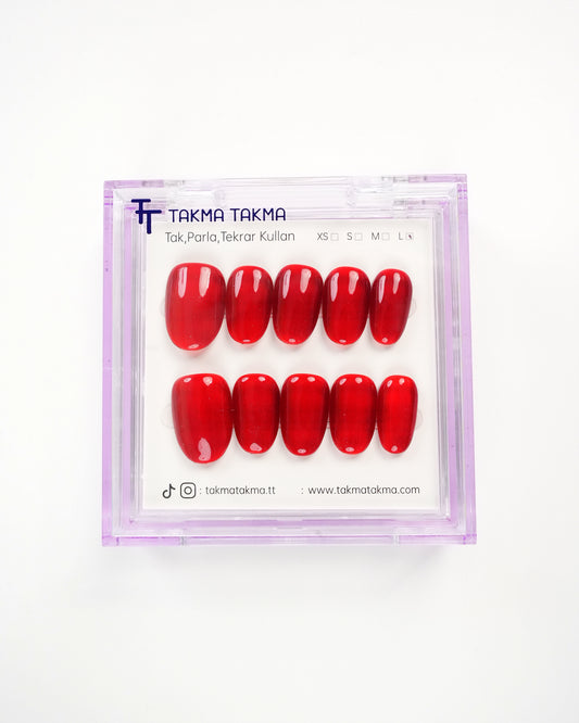 15'li Kırmızı Kısa Oval KOV1561 Tekrar Kullanılabilir El Yapımı Protez Takma Tırnak