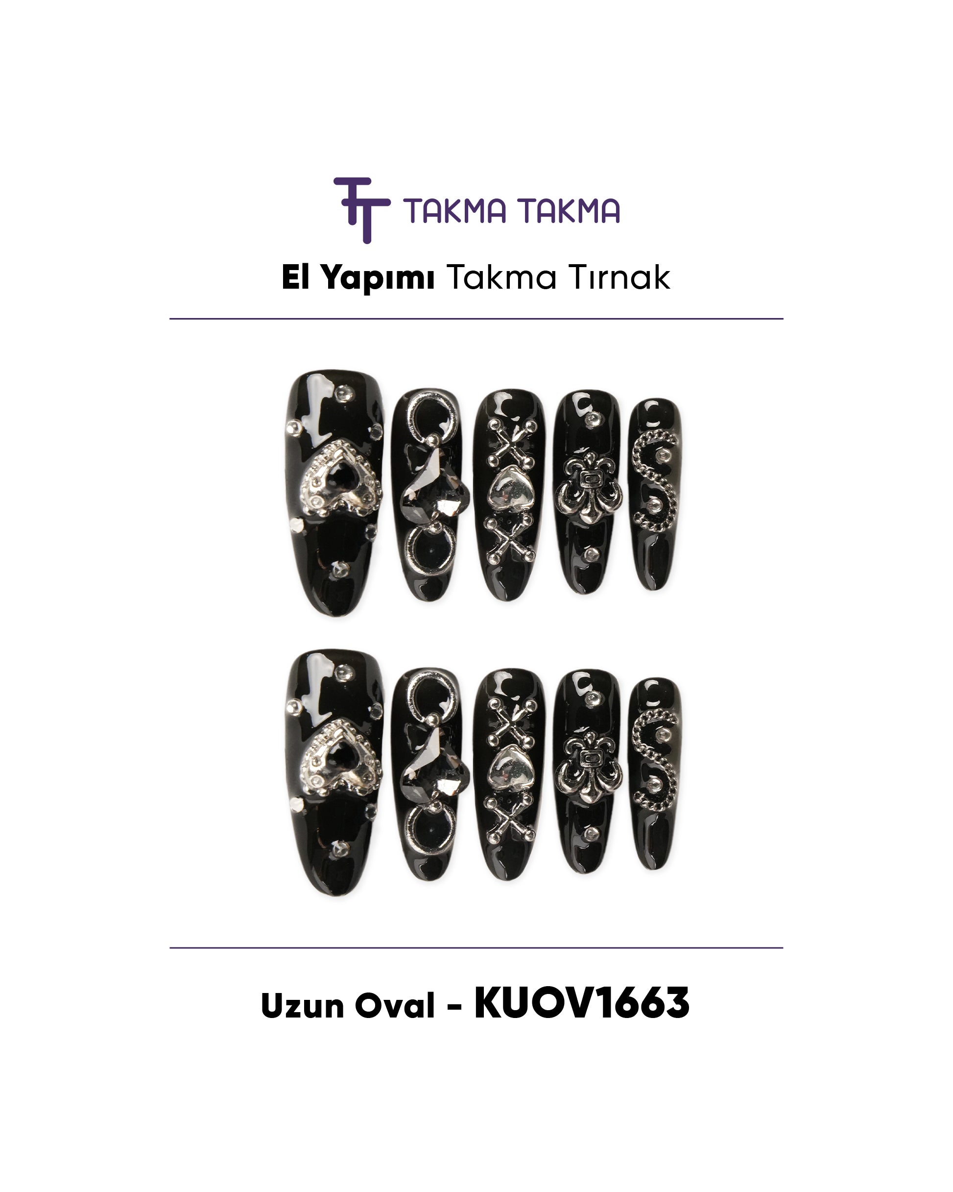 KUOV1663 - 1663 Uzun Oval - 10'lu Tekrar Kullanılabilir El Yapımı Protez Takma Tırnak Takma Takma
