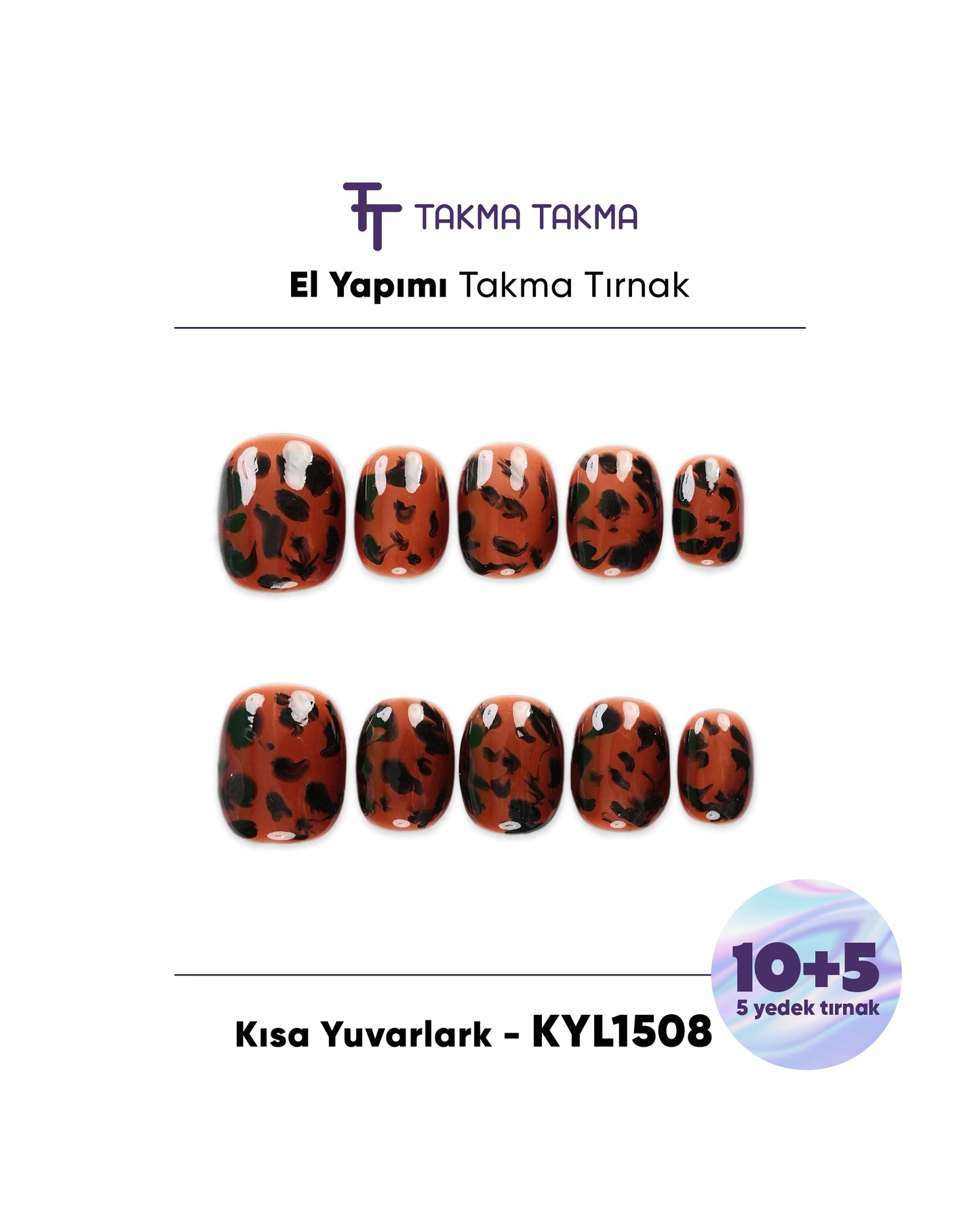 15'li Kahve Kısa Yuvarlak KYL1508 Tekrar Kullanılabilir El Yapımı Protez Takma Tırnak