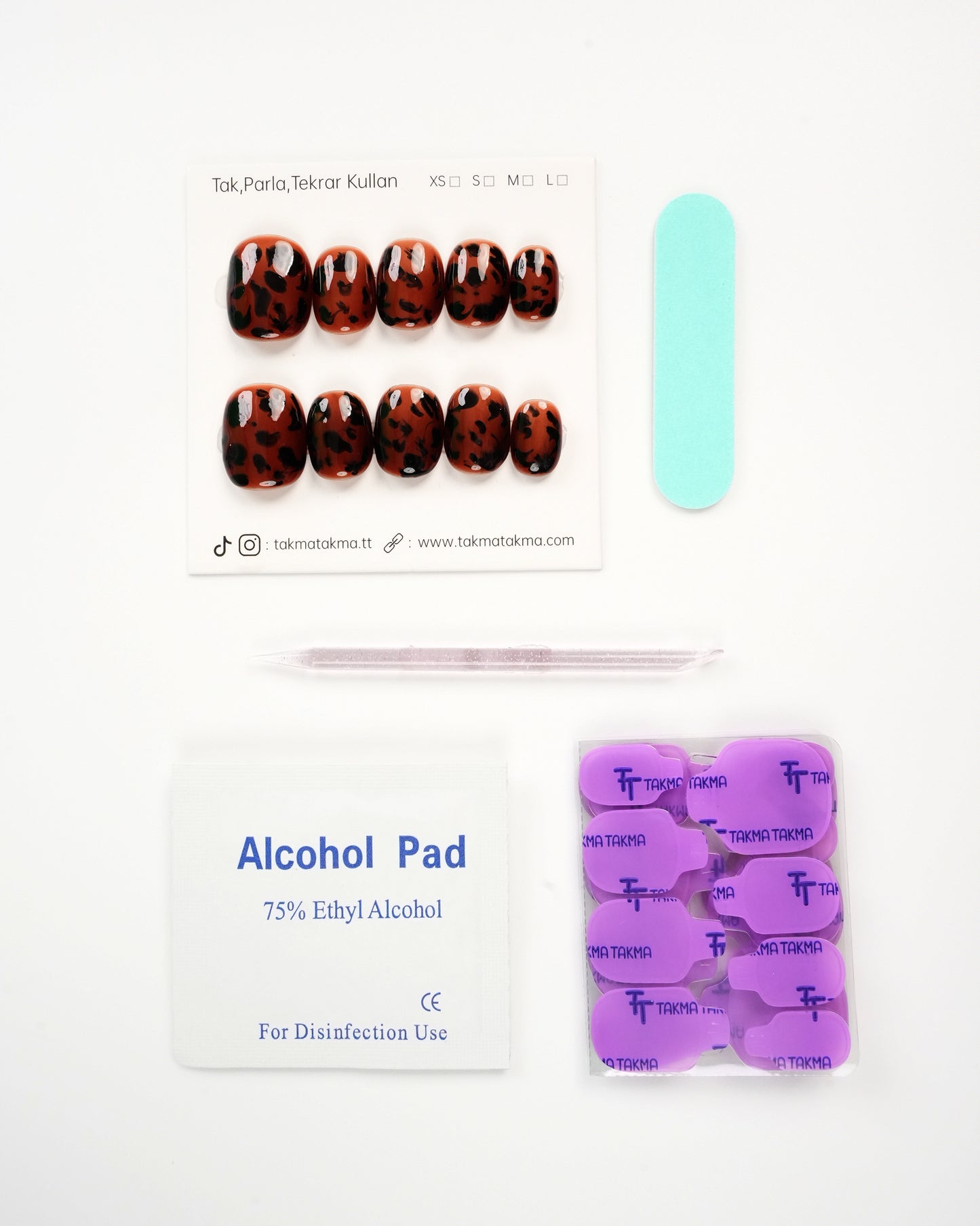 15'li Kahve Kısa Yuvarlak KYL1508 Tekrar Kullanılabilir El Yapımı Protez Takma Tırnak