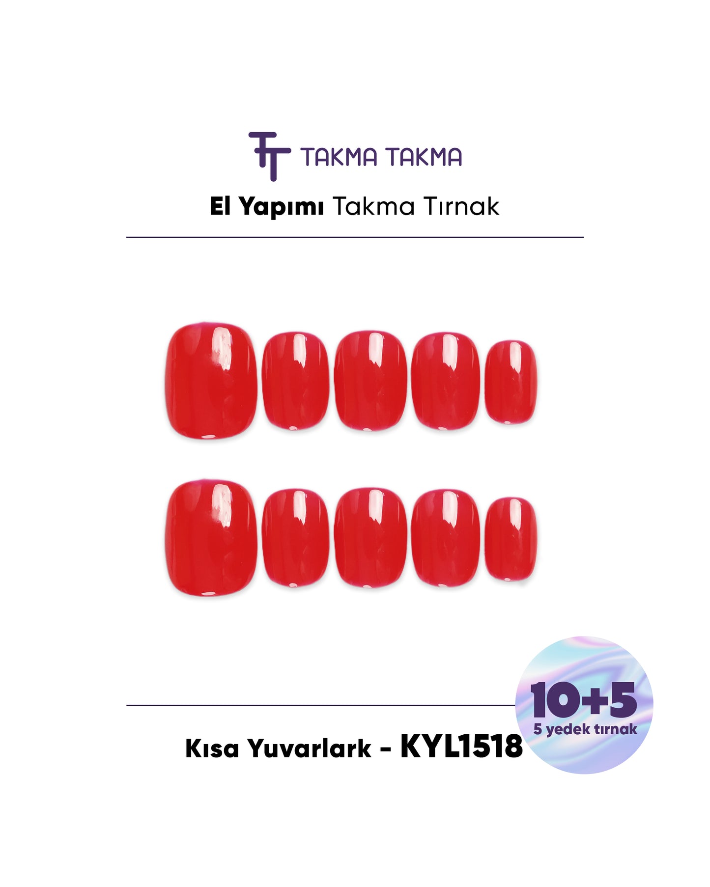 15'li Kırmızı Kısa Yuvarlak KYL1518 Tekrar Kullanılabilir El Yapımı Protez Takma Tırnak