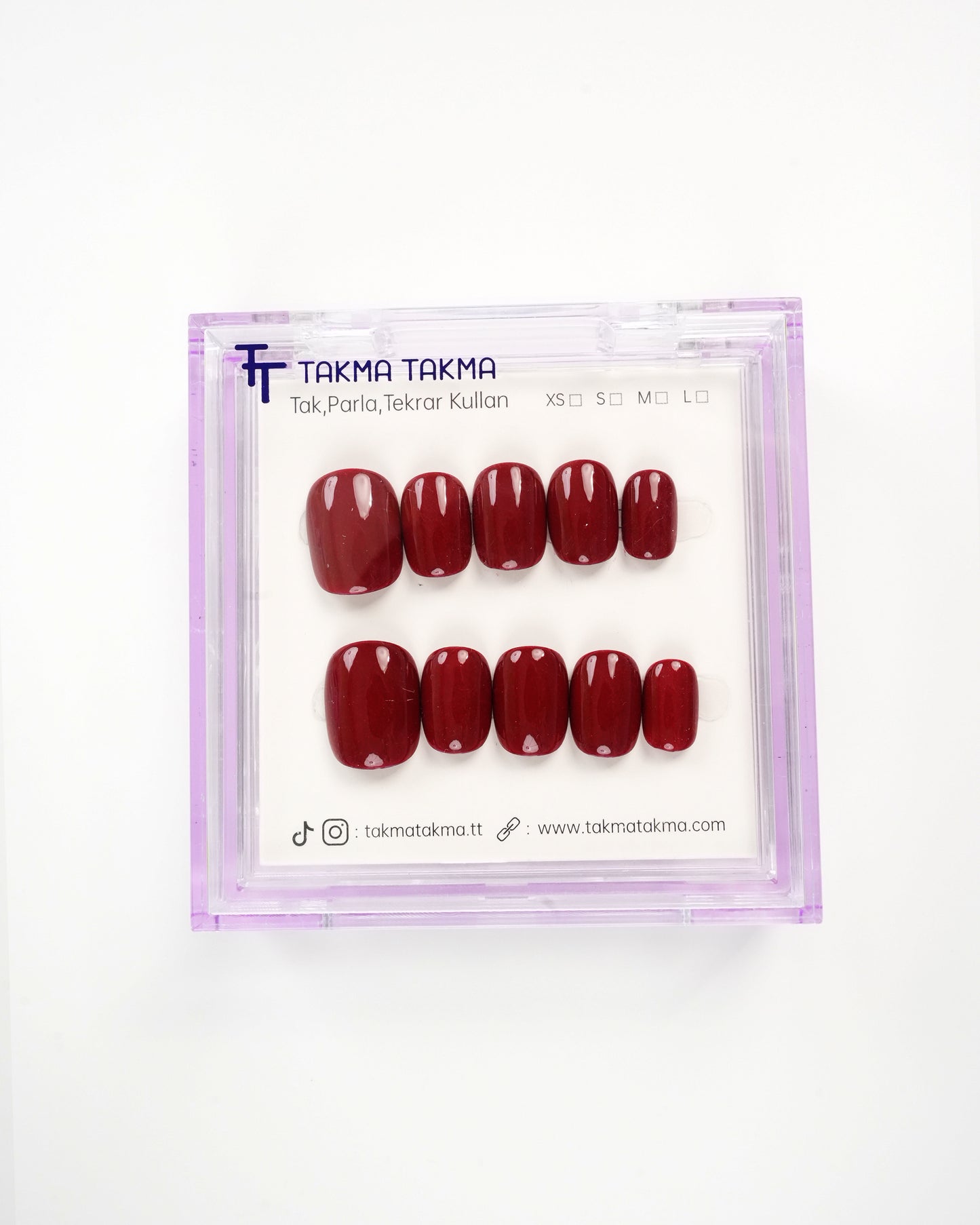 15'li Bordo Kısa Yuvarlak KYL1519 Tekrar Kullanılabilir El Yapımı Protez Takma Tırnak