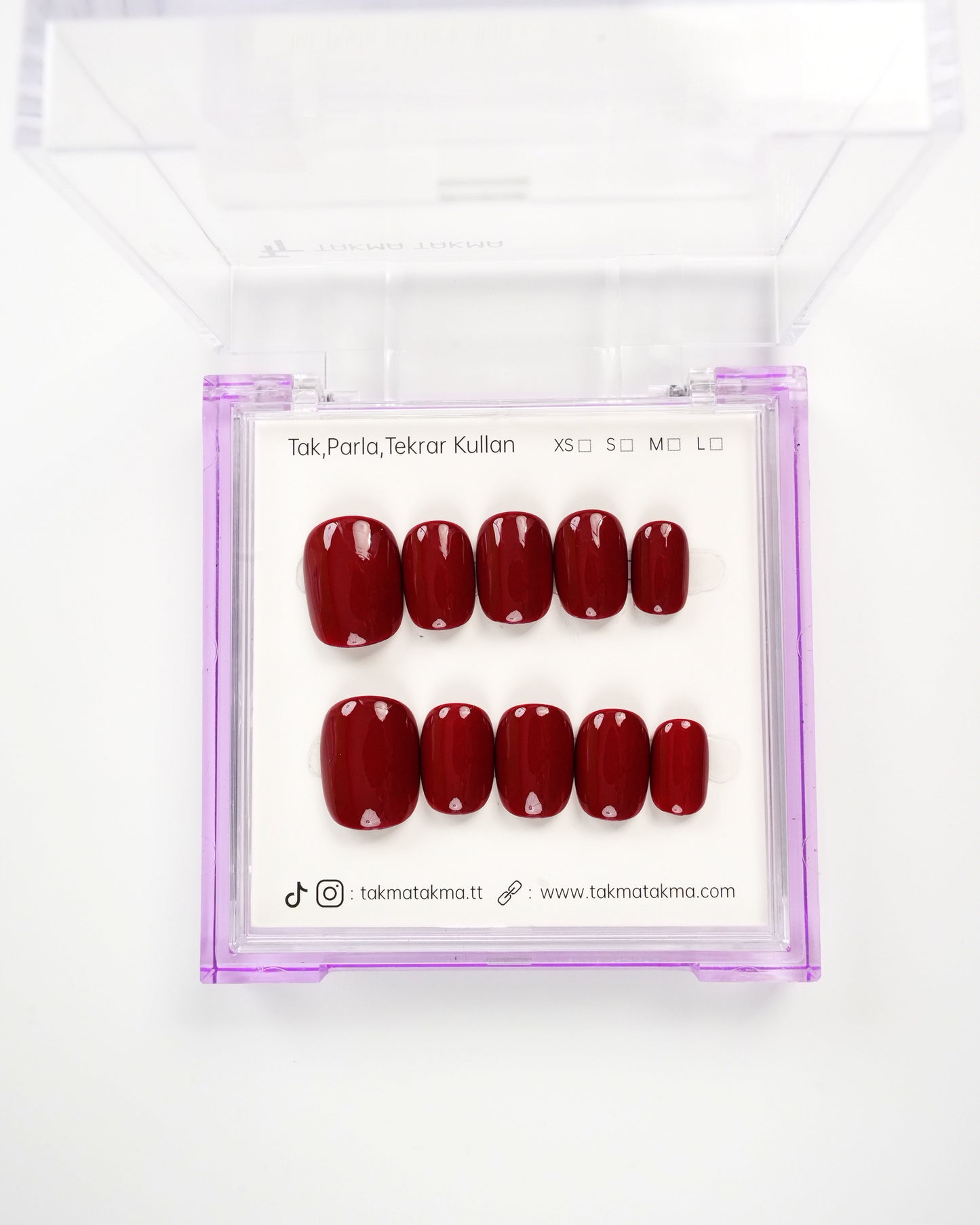 15'li Bordo Kısa Yuvarlak KYL1519 Tekrar Kullanılabilir El Yapımı Protez Takma Tırnak