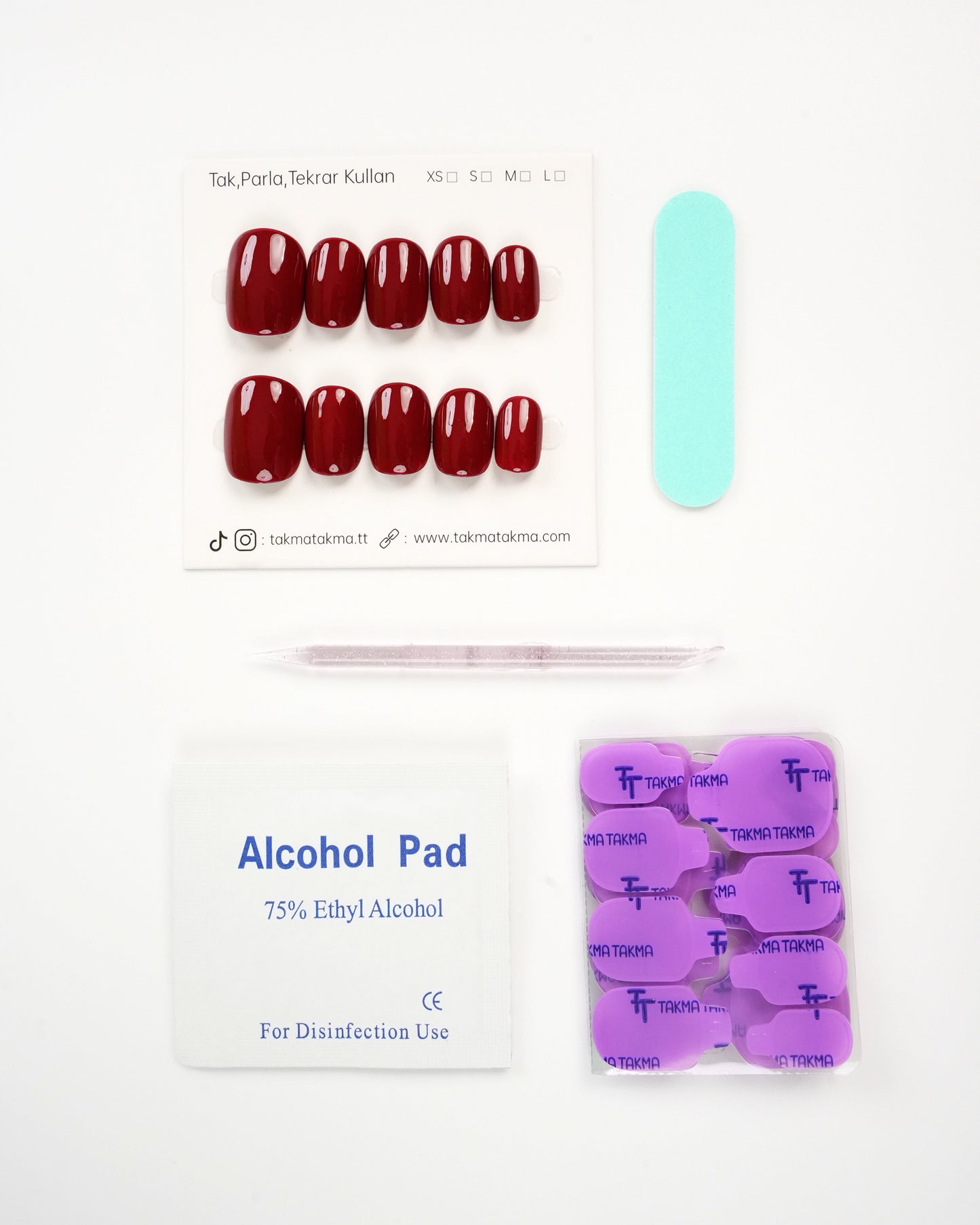 15'li Bordo Kısa Yuvarlak KYL1519 Tekrar Kullanılabilir El Yapımı Protez Takma Tırnak