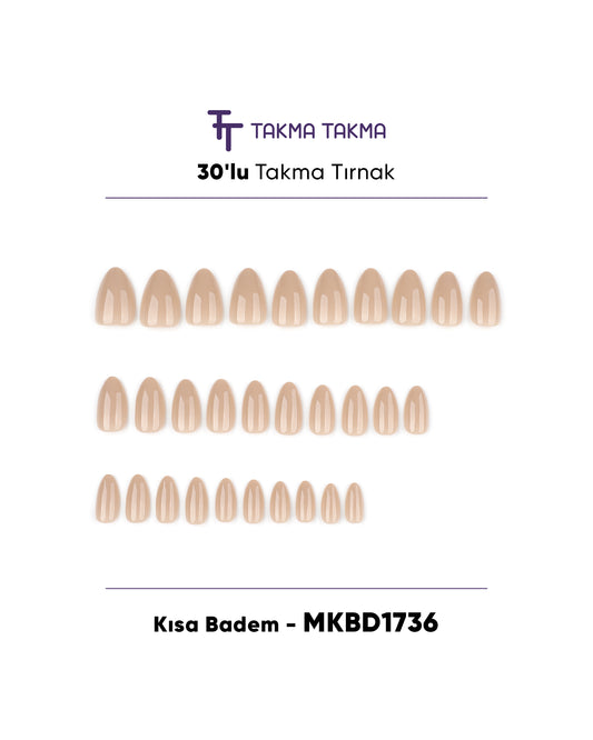 MKBD1736  Kısa Badem Standart Beden 30'lu Tekrar Kullanılabilir Protez Takma Tırnak