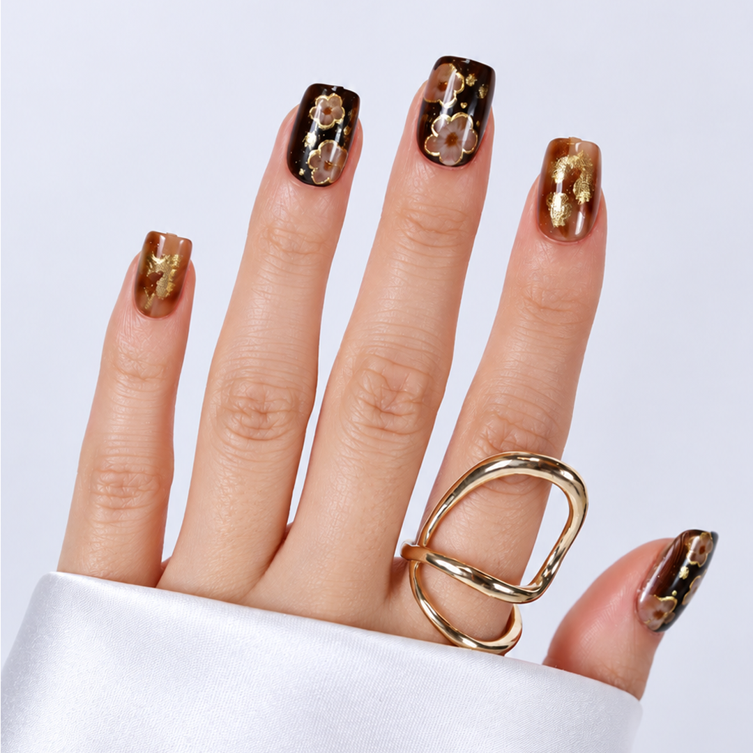 Kahve - Siyah Nail Art Kısa Balerin Soft Jel Standart Beden 30'lu Takma Tırnak MKBL3673