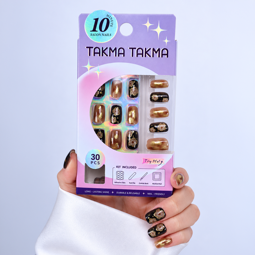 Kahve - Siyah Nail Art Kısa Balerin Soft Jel Standart Beden 30'lu Takma Tırnak MKBL3673