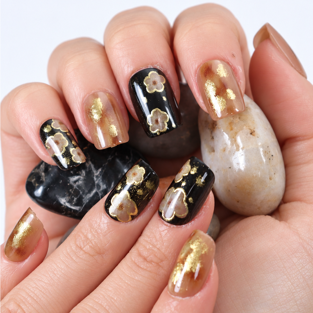 Kahve - Siyah Nail Art Kısa Balerin Soft Jel Standart Beden 30'lu Takma Tırnak MKBL3673