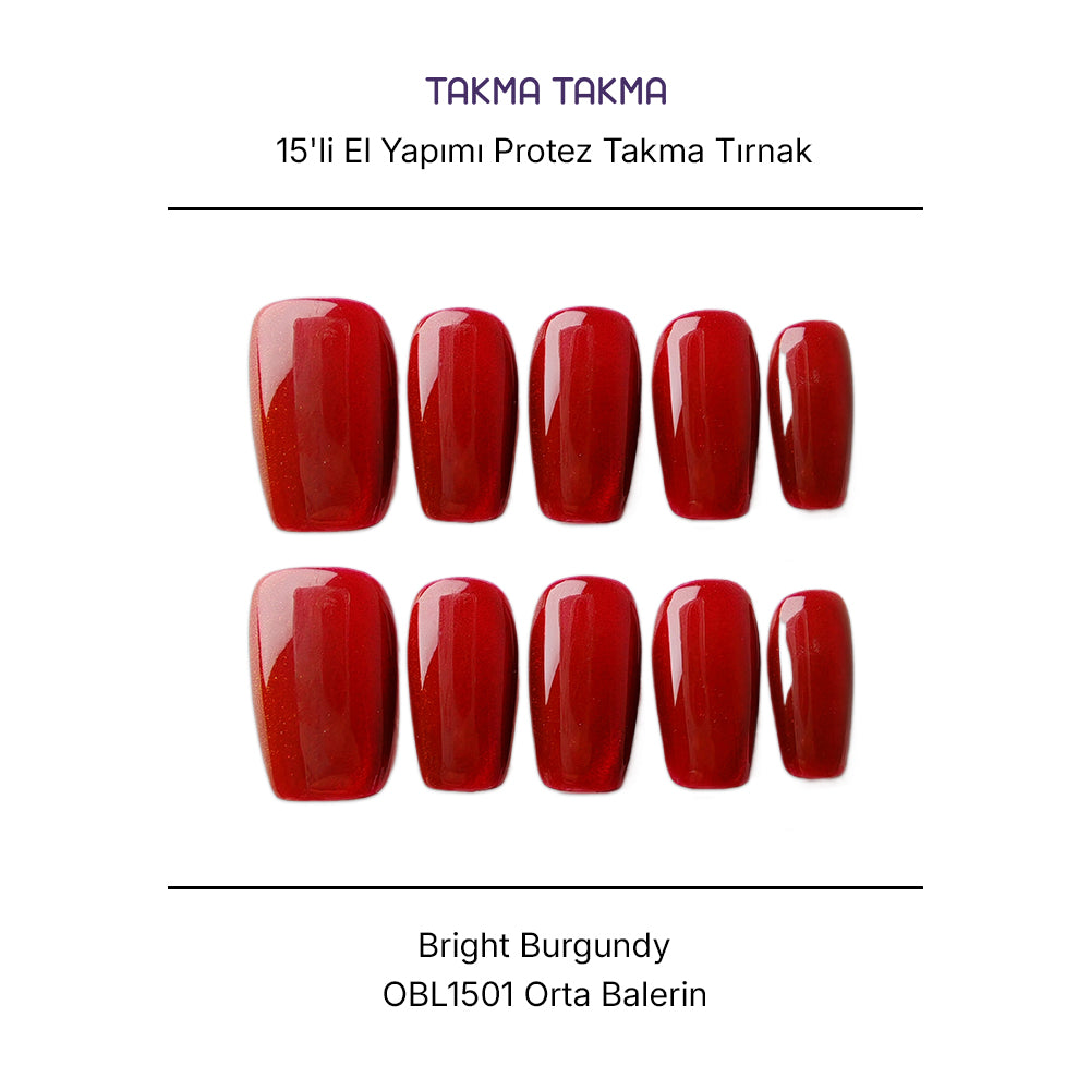 15'li Bordo Orta Balerin OBL1501 Tekrar Kullanılabilir El Yapımı Protez Takma Tırnak