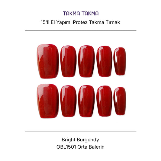 15'li Bordo Orta Balerin OBL1501 Tekrar Kullanılabilir El Yapımı Protez Takma Tırnak
