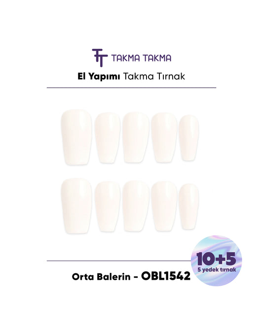 15'li Krem Orta Balerin OBL1542 Tekrar Kullanılabilir El Yapımı Protez Takma Tırnak