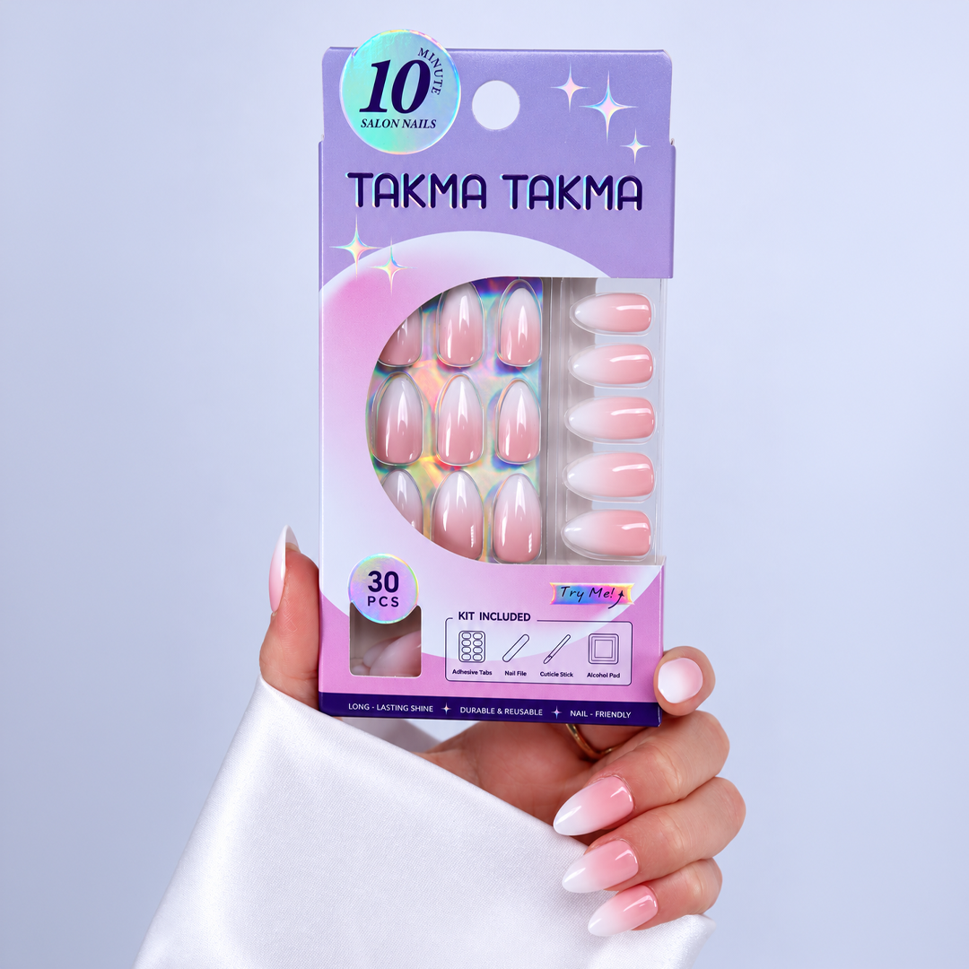 Pembe - Beyaz Ombre Kısa Badem Soft Jel Standart Beden 30'lu Takma Tırnak MKBD3665
