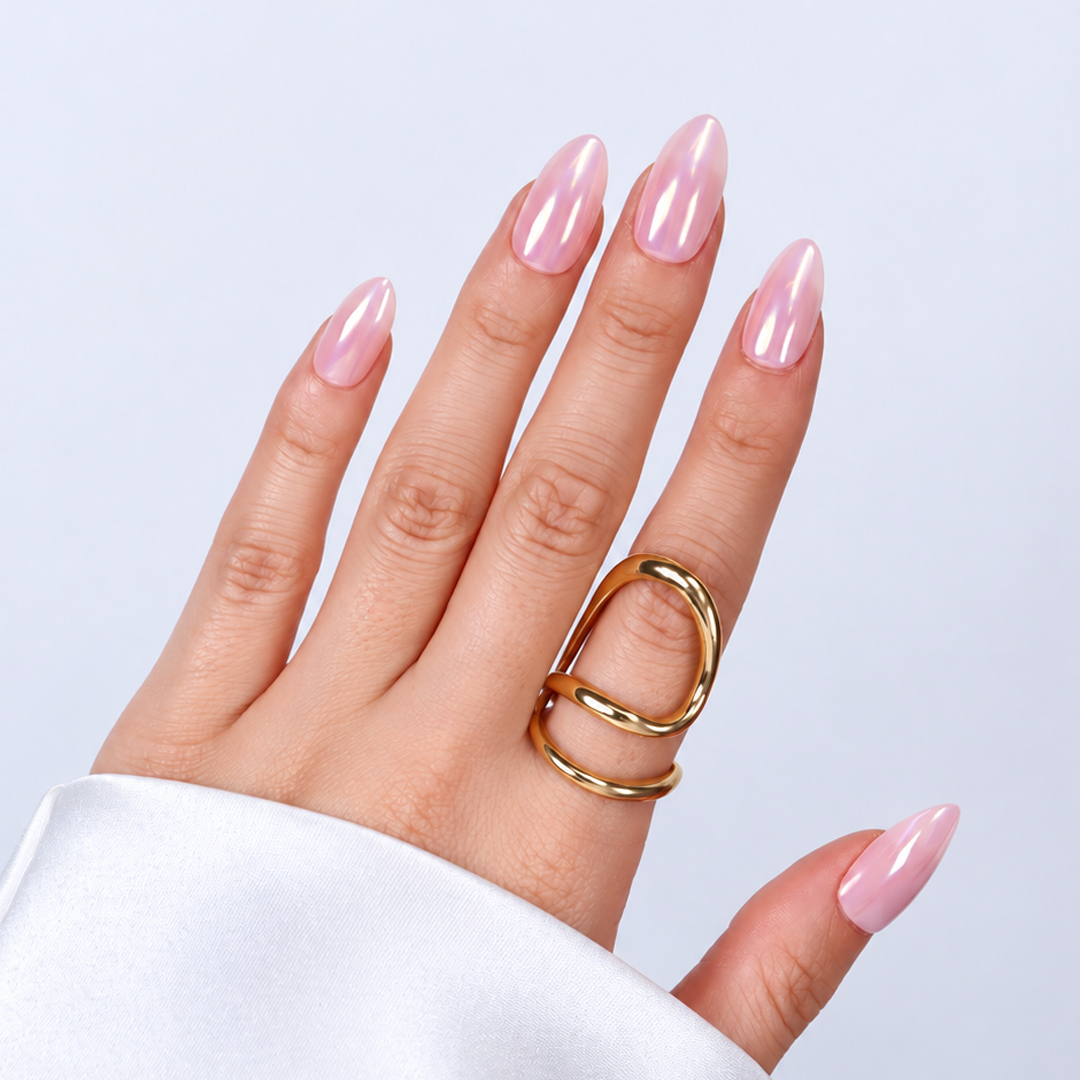 Pembe İnci Tozu Kısa Badem Soft Jel Standart Beden 30'lu Takma Tırnak MKBD3667