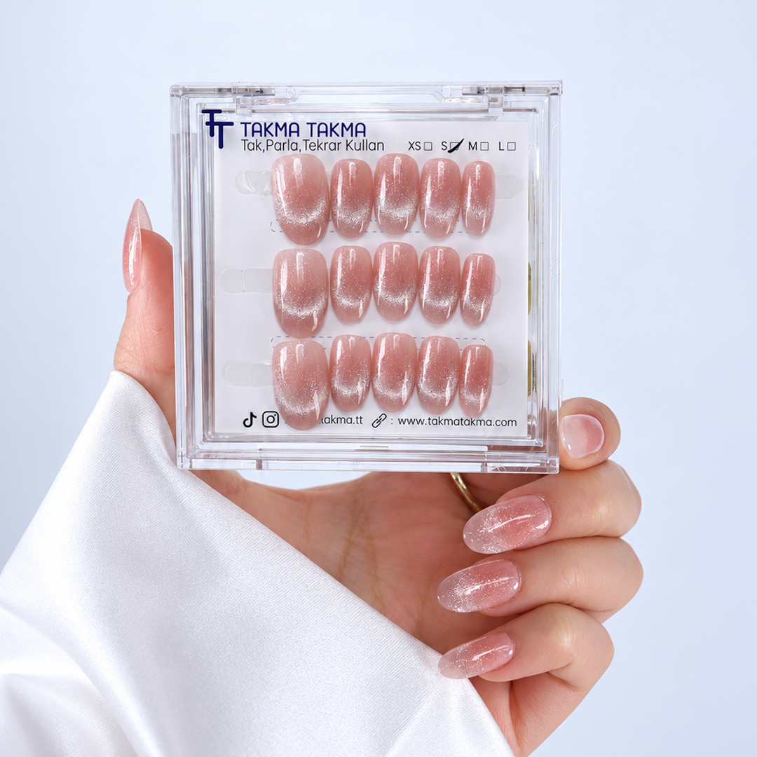 Pembe Işıltılı French Cat Eye Kısa Oval 15'li Tekrar Kullanılabilir El Yapımı Protez Tırnak KKOV3751 – görsel 2