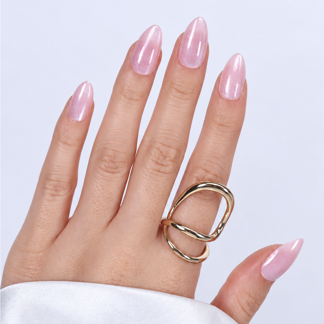 Pembe Simli Cat Eye Kısa Badem Soft Jel Standart Beden 30'lu Takma Tırnak MKBD3662