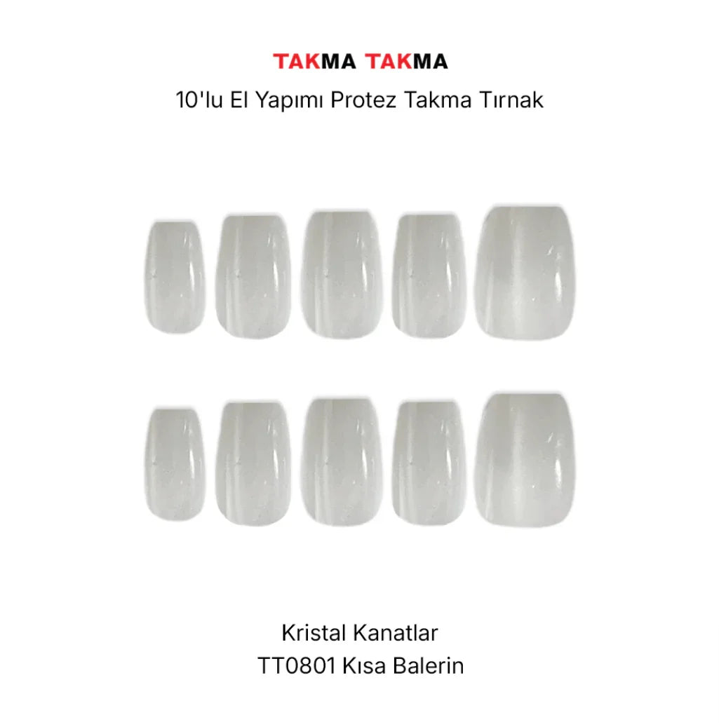 10'lu Beyaz  Kısa Balerin TT0801 Tekrar Kullanılabilir El Yapımı Protez Takma Tırnak