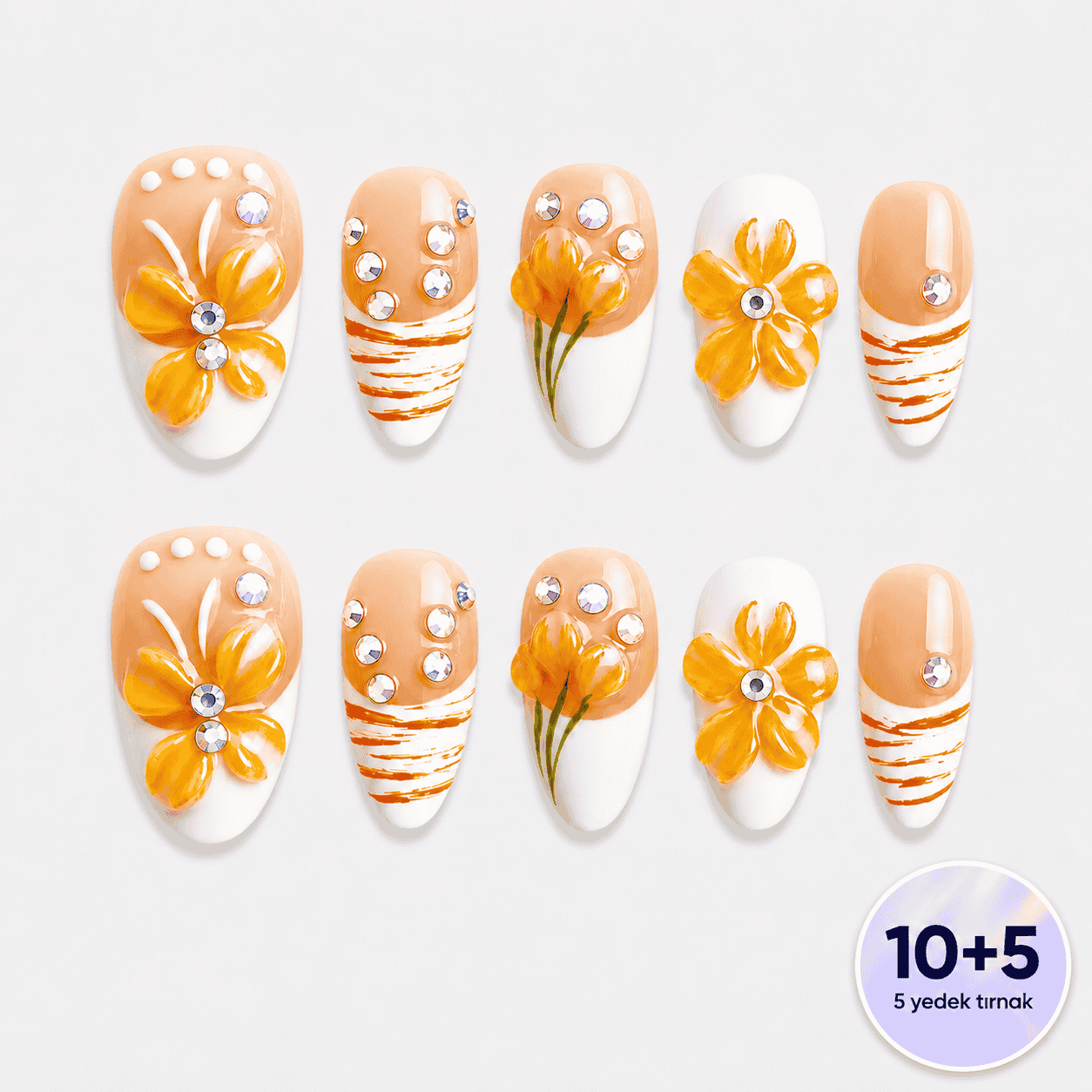 Sarı Nail Art Kısa Badem  El Yapımı Jel Takma Tırnak KKBD1782
