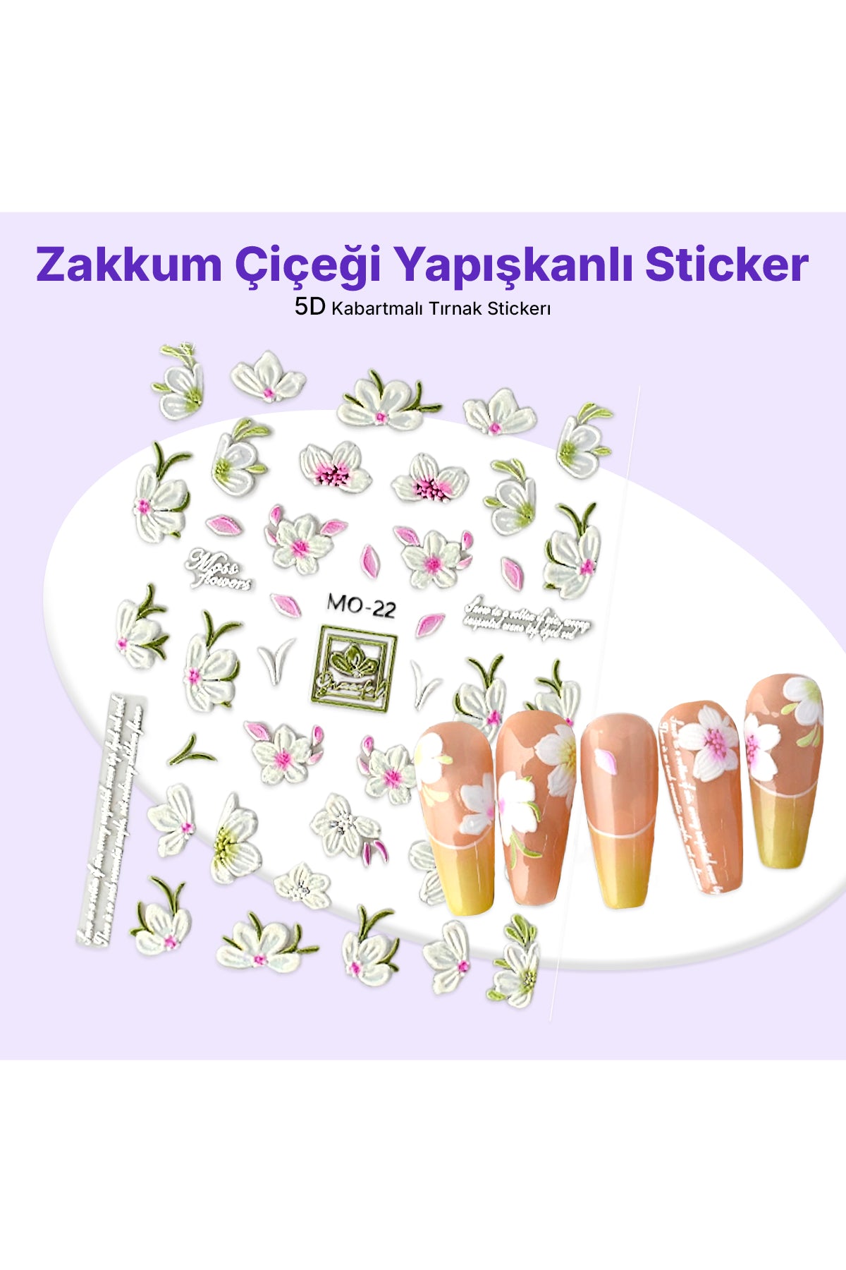 STC-MO-22 - Zakkum Çiçeği Yapışkanlı Sticker - 10'lu Tekrar Kullanılabilir El Yapımı Protez Takma Tırnak