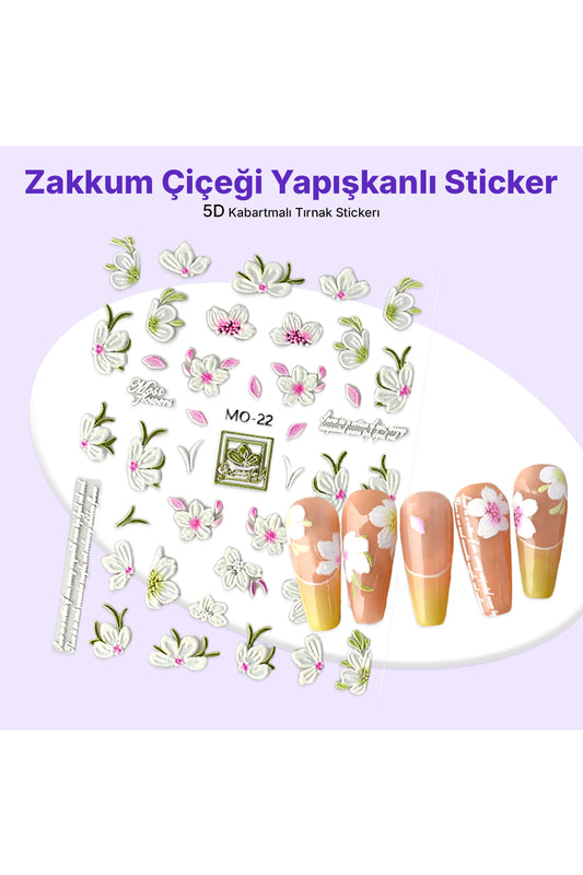 STC-MO-22 - Zakkum Çiçeği Yapışkanlı Sticker - 10'lu Tekrar Kullanılabilir El Yapımı Protez Takma Tırnak