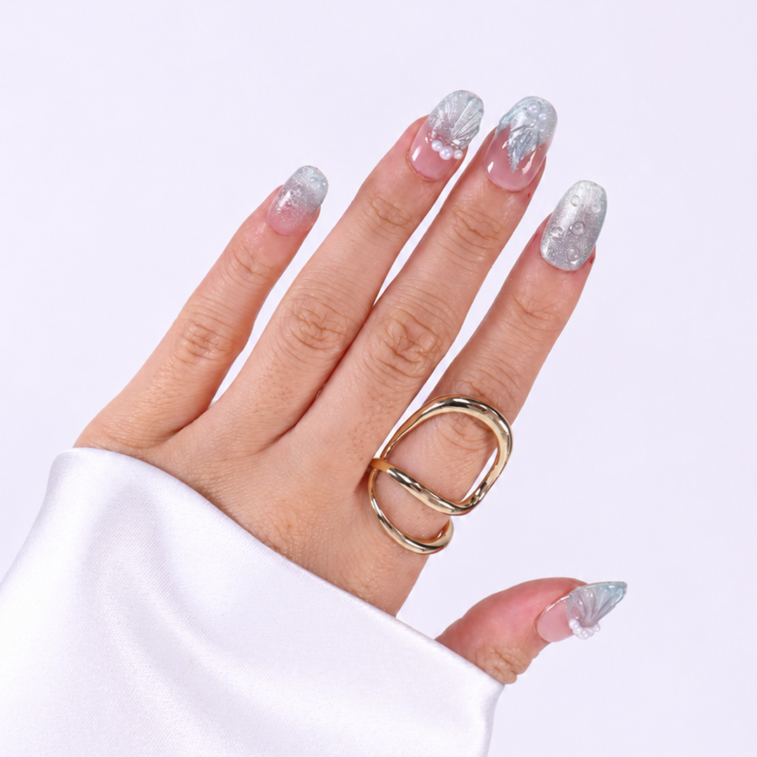 Takma Tırnak Mavi Nail Art Kısa Oval 10'lu Tekrar Kullanılabilir El Yapımı Protez Takma Tırnak EKOV-3514