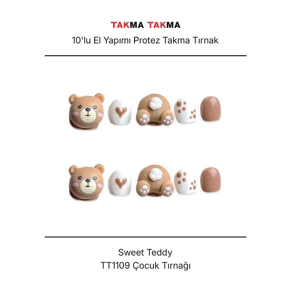 Tekrar Kullanılabilir El Yapımı Protez Çocuk Takma Tırnak - Sweet Teddy - 10'lu TT1109 Takma Takma