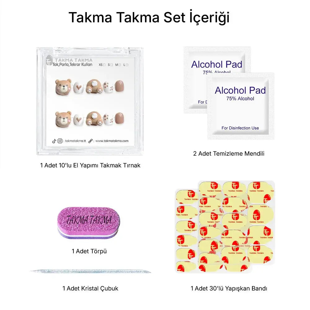 Tekrar Kullanılabilir El Yapımı Protez Çocuk Takma Tırnak - Sweet Teddy - 10'lu TT1109 Takma Takma