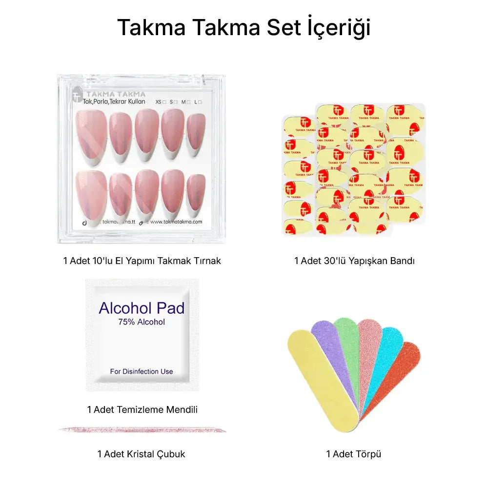 10'lu Beyaz Uzun Badem TT1222 Tekrar Kullanılabilir El Yapımı Protez Takma Tırnak Takma Takma