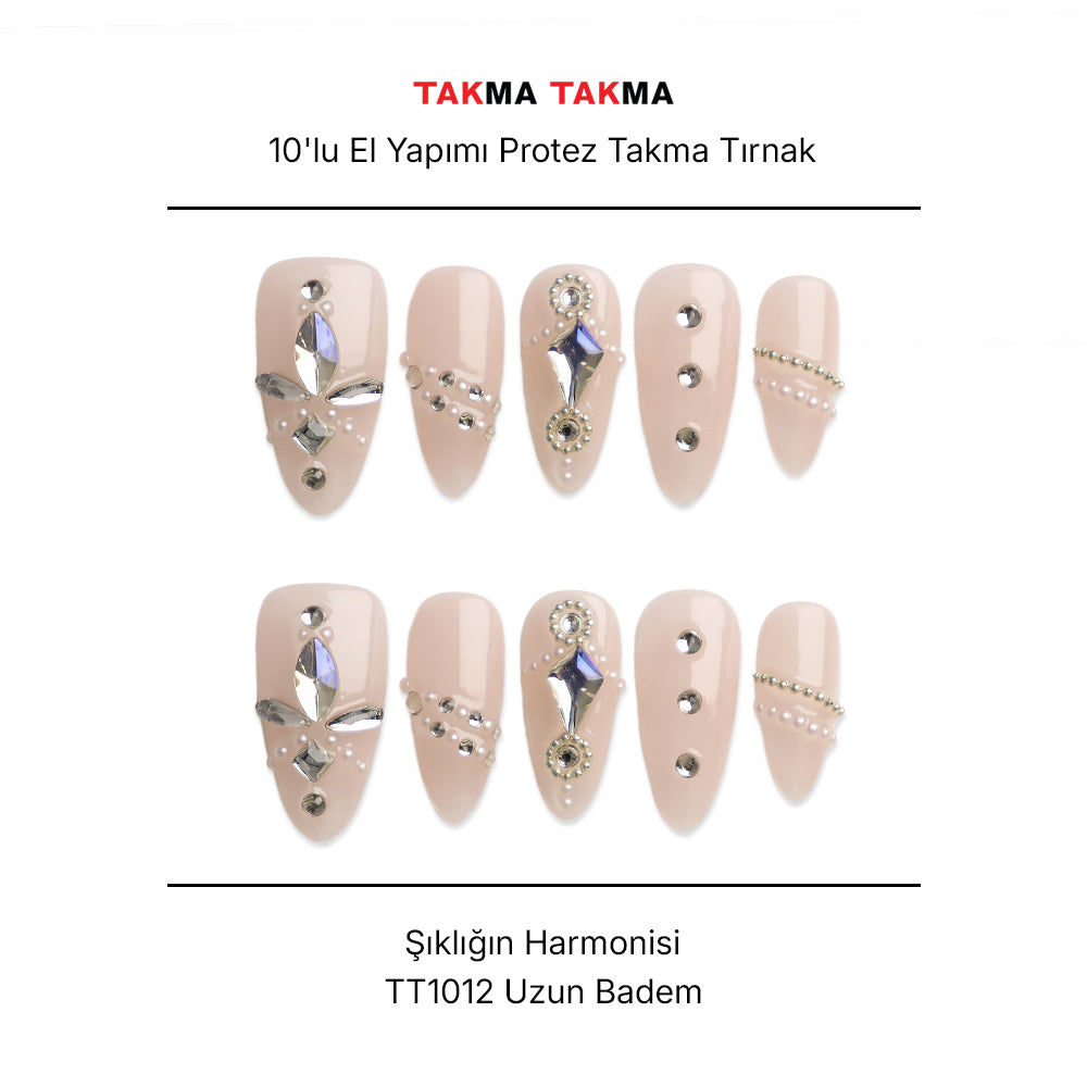 Tekrar Kullanılabilir El Yapımı Protez Takma Tırnak - Hemimorfit Noktürn - 10'lu Uzun Badem - TT1012