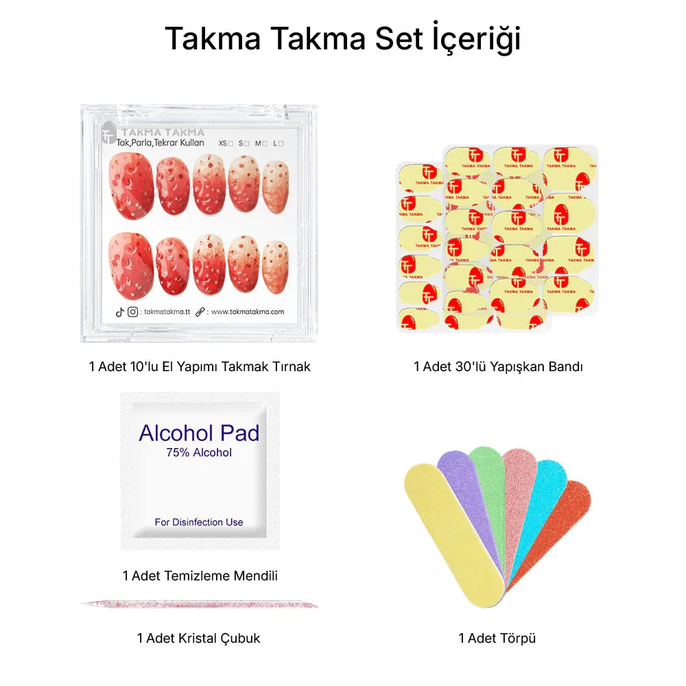 10'lu Kırmızı Kısa Oval  TT1260 Tekrar Kullanılabilir El Yapımı Protez Takma Tırnak Takma Takma