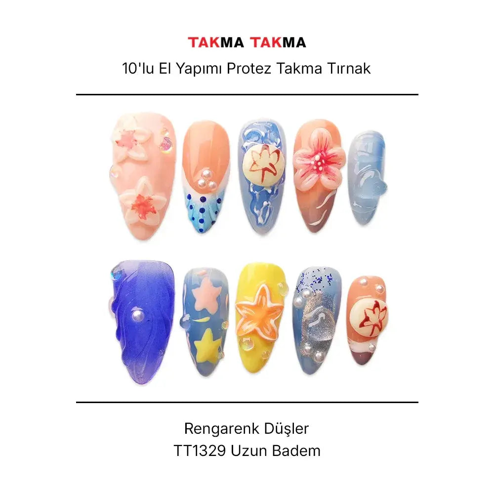 10'lu Renkli Uzun Badem TT1329 Tekrar Kullanılabilir El Yapımı Protez Takma Tırnak Takma Takma