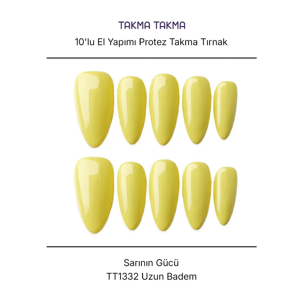 10'lu Sarı Kısa Badem TT1332 Tekrar Kullanılabilir El Yapımı Protez Takma Tırnak Takma Takma