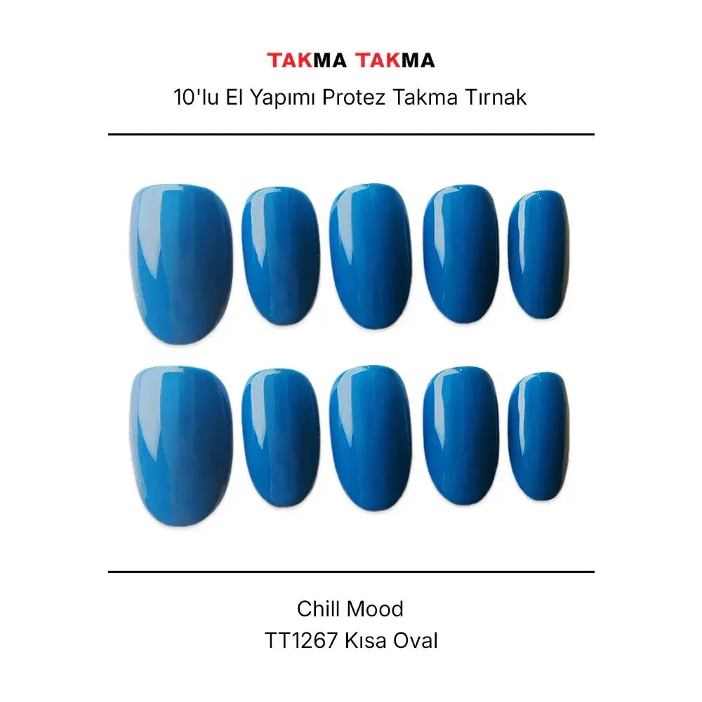 10'lu Mavi Kısa Oval TT1267 Tekrar Kullanılabilir El Yapımı Protez Takma Tırnak Takma Takma
