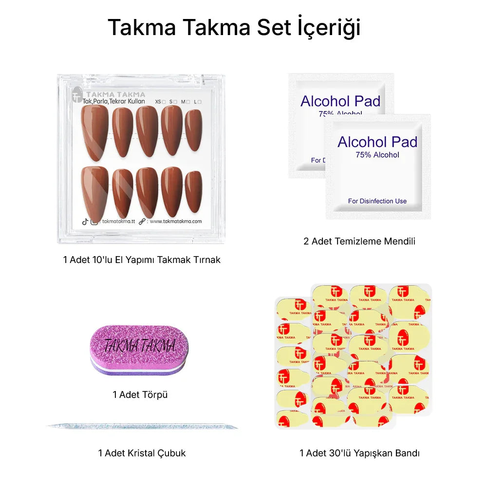 10'lu Kahverengi Uzun Badem TT1326 Tekrar Kullanılabilir El Yapımı Protez Takma Tırnak Takma Takma