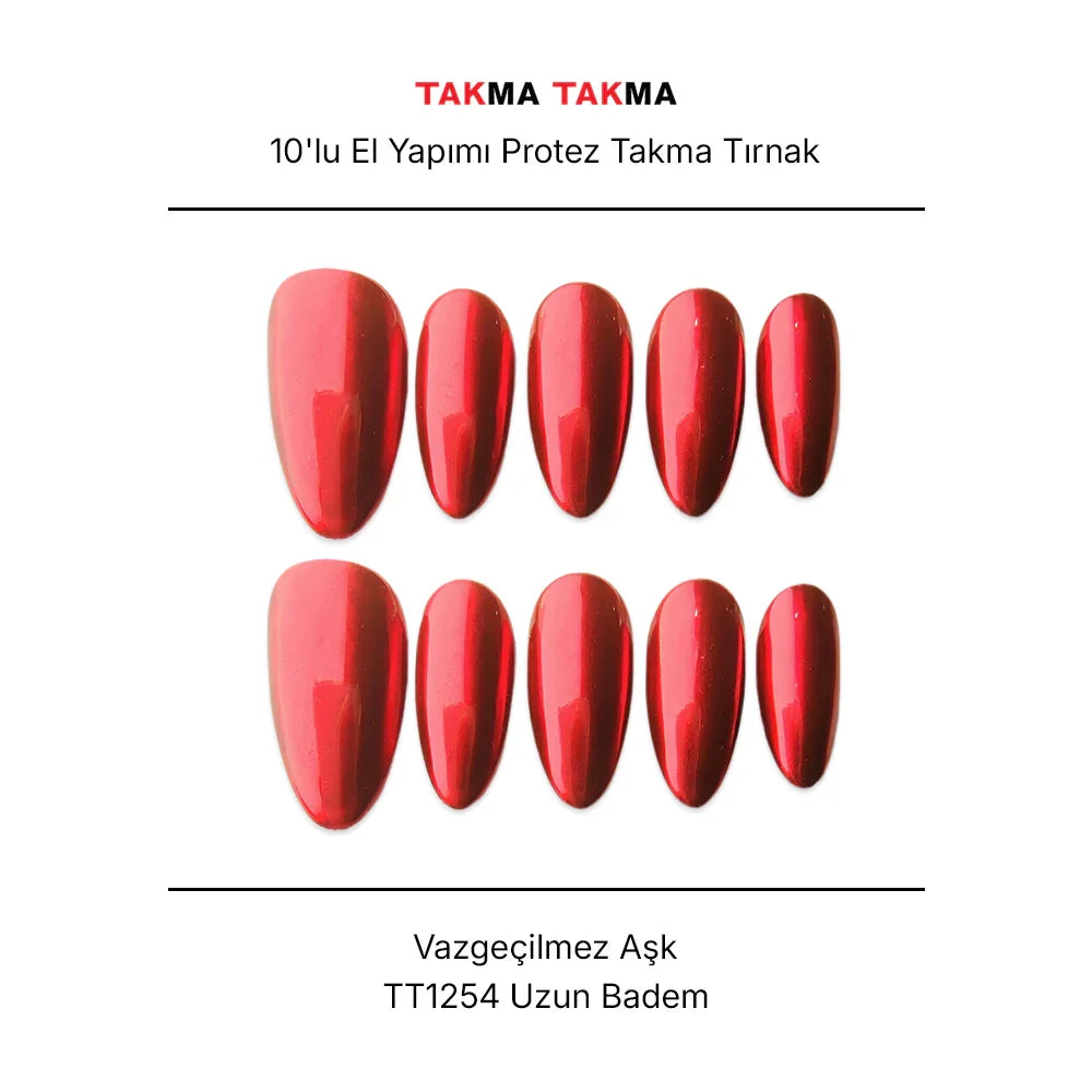 10'lu Bordo Uzun Badem TT1254 Tekrar Kullanılabilir El Yapımı Protez Takma Tırnak Takma Takma