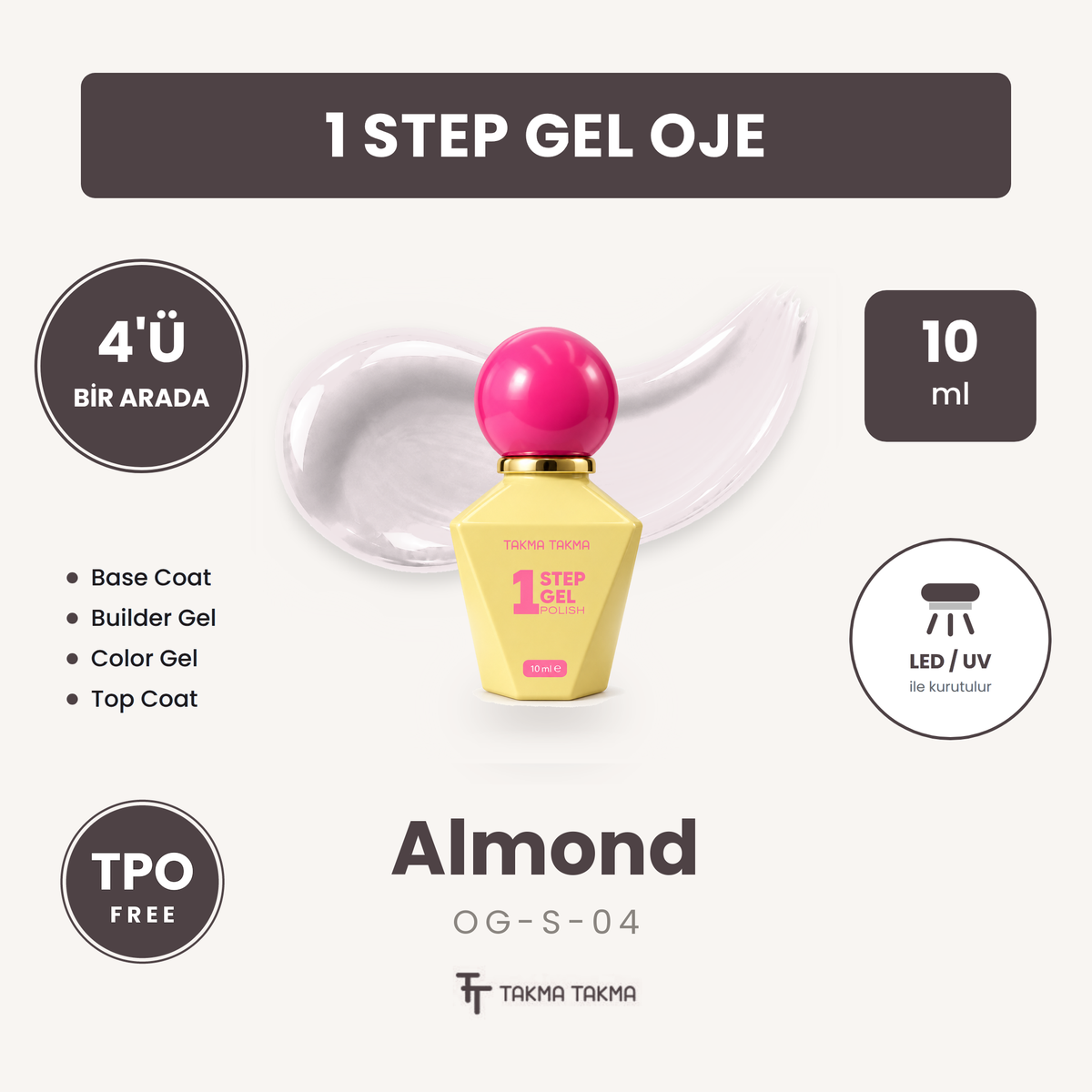 Almond Pudra Lila Şeffaf Jelly Kalıcı Oje – 4'ü 1 Arada One Step Jel OG-S-04
