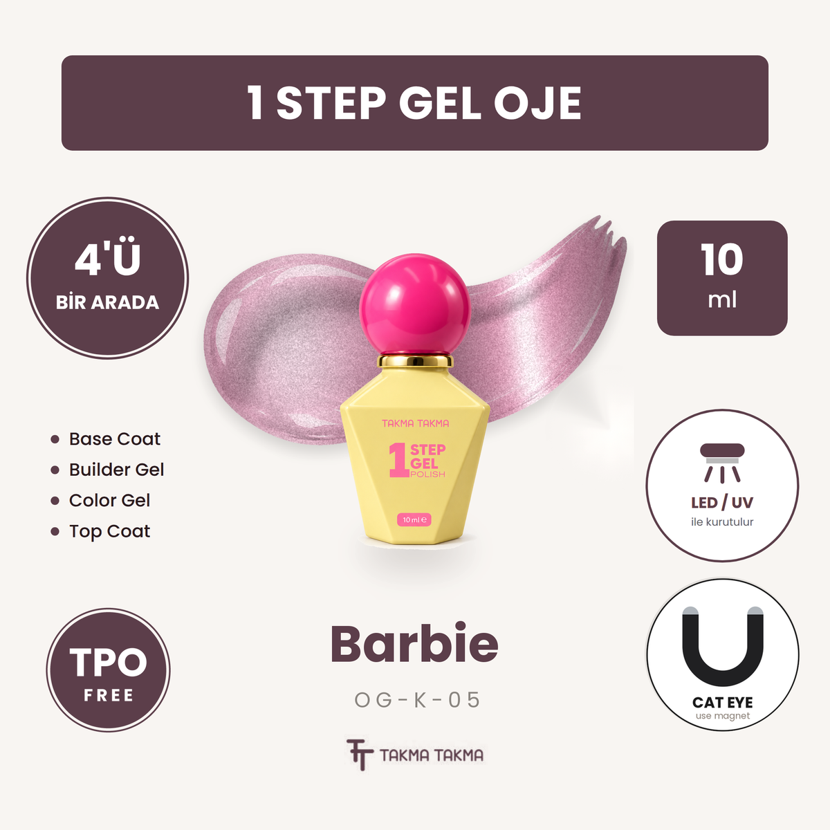 Barbie Fuşya Pembe Kedi Gözü Kalıcı Oje – 4'ü 1 Arada One Step Jel OG-K-05