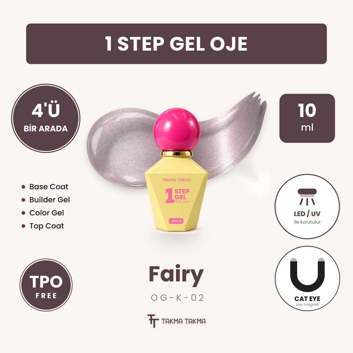 Fairy Sedefli Gri Kedi Gözü Kalıcı Oje – 4'ü 1 Arada One Step Jel OG-K-02